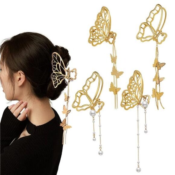 Accessories - 4 PACK Metal Big Gold Butterfly Hair Clips Clamp Tassel Nonslip Hair Claw